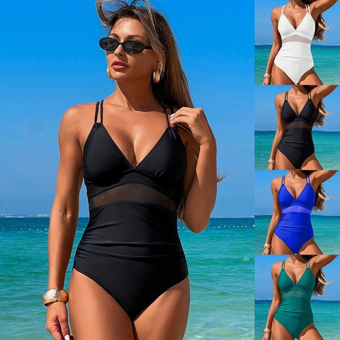 Women Swimsuit Deep V Neck Mesh Patchwork Ruching Slimming Thin Straps Cross Back Beachwear Bathing Suit