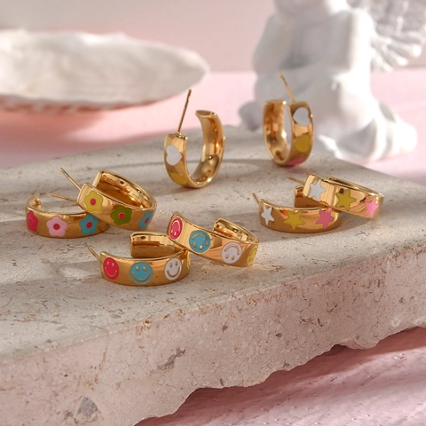 Stainless Steel Colorful Enamel Smiley Face Heart Star Flower Hoop Earrings 18K Gold Plated C-Shaped Fashion Ear Jewelry