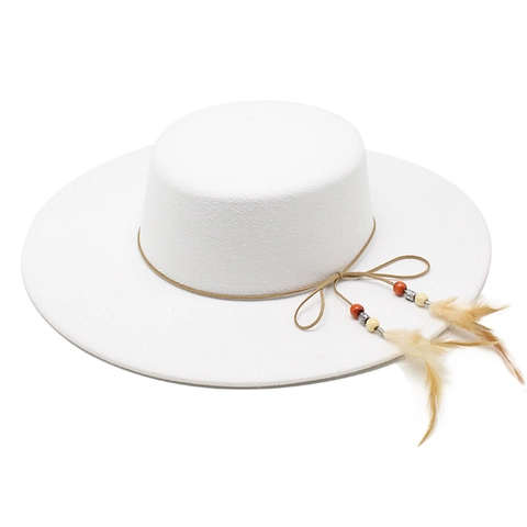 Women Retro French Flat Top Boater Hat Wide Brim Cotton Polyester Felt With Feather Bead Leather Cord Decoration