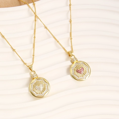 Heart Pendant Necklace Copper 18K Gold Plated Cubic Zirconia Sunburst Round Medallion Fashion Jewelry For Women