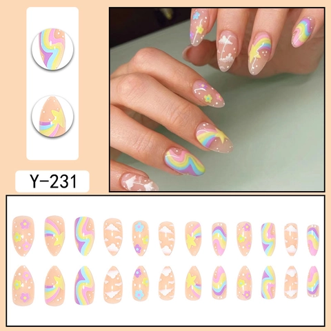 Unghie Finte Almond Con Disegni Arcobaleno Macaron Stella E Nuvola Decorazione Per Unghie Artificiali Dolce
