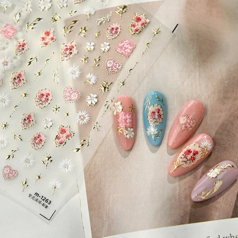 3D Embossed Flower Nail Art Stickers French Style Gold Lines Floral Design Rose Daisy Self Adhesive Decals