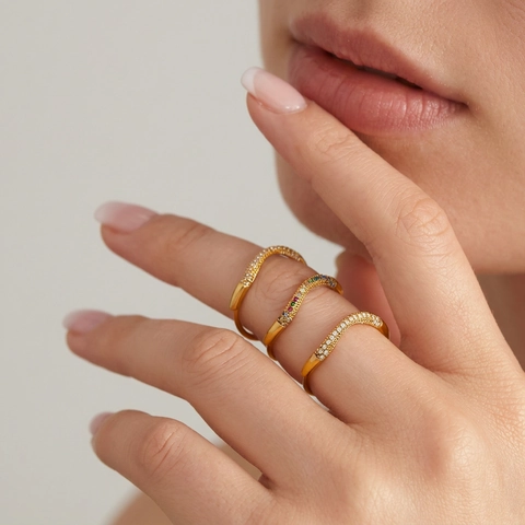 Wavy Stainless Steel Ring 18K Gold Plated Thin Band Colorful Cubic Zirconia Stackable Fashion Jewelry For Women