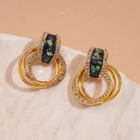Pendientes De Círculo Geométrico Vintage Con Incrustaciones De Concha Diamantes De Imitación Y Poste De Plata De Ley 925