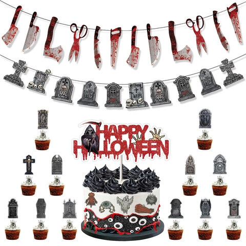 Halloween Party Dekorationen Papier Gruselige Blutmesser Grabstein Geist Banner Und Tortenaufsatz Spukhaus Horror Heimdekoration
