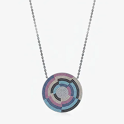 Collana Con Cendente A Disco Tondo In Argento Sterling 925 Zirconia Cubica Colorata Spirale Pave Inlay Placcata Nera