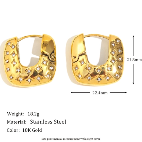 Pendientes Huggie Hoop Acero Inoxidable Chapado Oro 18K Cuadrado Forma U Estrella Cuatro Puntas Zircón Mujeres