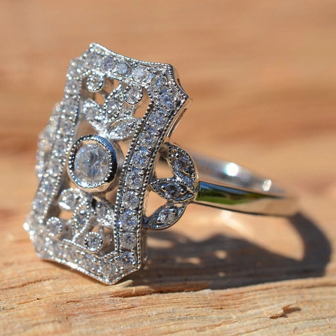 Vintage Art Deco Copper Ring For Women With Zirconia Inlay Geometric Hollow Design Shiny Silver Tone Accessory