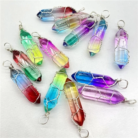 Natural Crystal Stone Hexagonal Column Point Pendant Wire Wrapped Silver Metal Bohemian Spiritual DIY Jewelry Charm