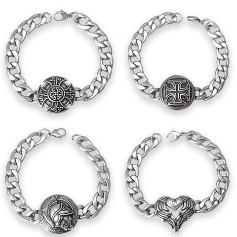 Bracciale Catena Cubana Acciaio Inossidabile Vichingo Nodo Celtico Croce Elmo Spartano Ali Di Angelo Cuore Punk Hip Hop Uomo