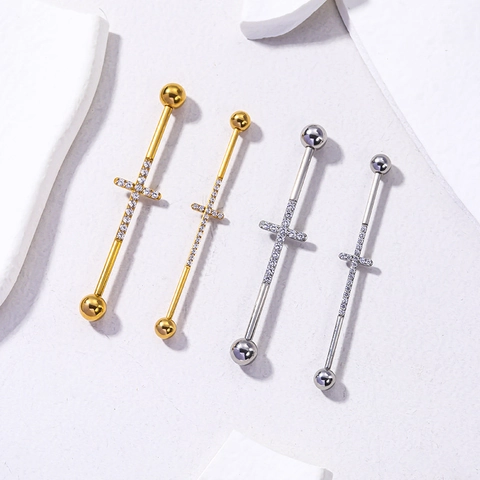 Piercing De Oreja Barbell Industrial Acero Inoxidable Circonita Cúbica Diseño Cruz Barra Larga Estilo Punk