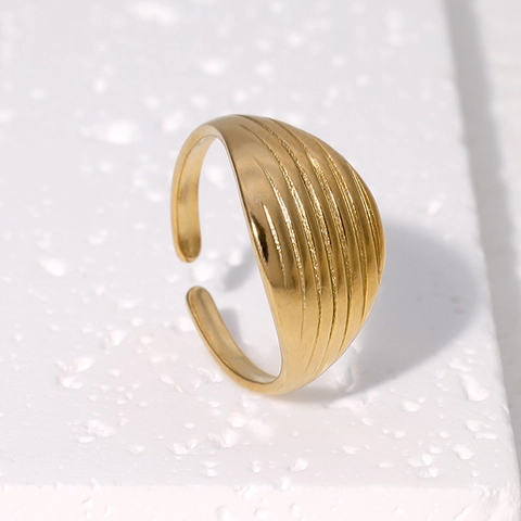 Minimalistisch Edelstahl Offen Verstellbar Ring Für Damen 18K Vergoldet Vertikal Rillen Bandring Französisch Luxus Schmuck