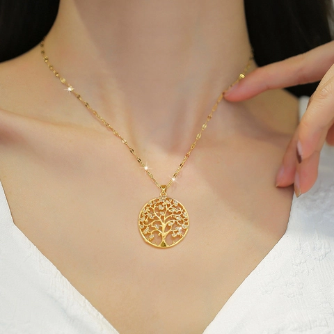Levensboom Hanger Ketting Roestvrijstalen Ketting Koper Zirkoon Rond Hol Elegante Sieraden Voor Dames Verguld