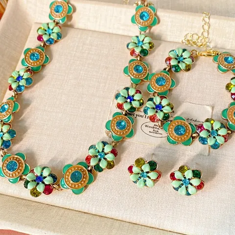 Gioielli Con Fiori Vintage Da Donna Lega Smalto Verde Strass Colorati Perno Orecchio Argento Collana Bracciale Orecchini