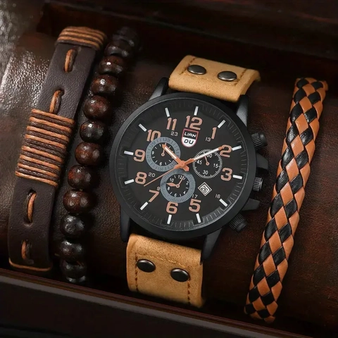 Men Quartz Watch And Bracelets Alloy Case Rivet PU Leather Strap Calendar Casual Vintage Military Gift For Him