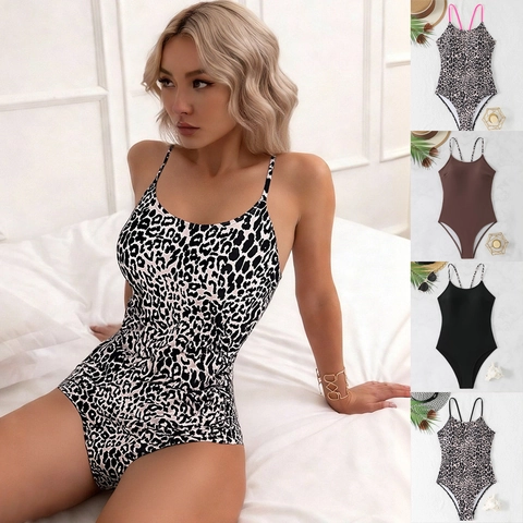 Dames Leopard Print Badpak Uit Eén Stuk Rugloos Metalen Ring Spaghettibandjes Gevoerd Monokini