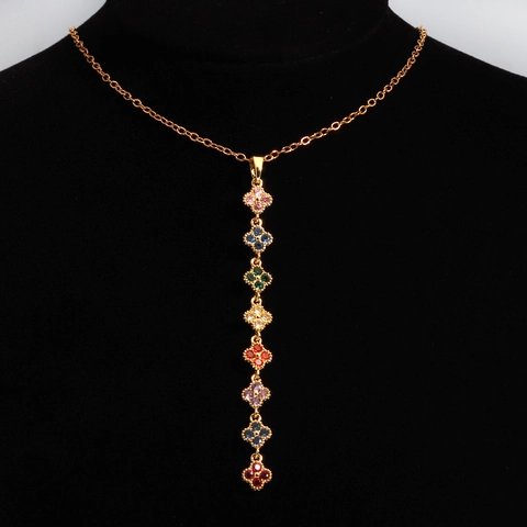 Multi Color Clover Pendant Necklace Stainless Steel With Zircon Zirconia Flower Elegant Sweet Jewelry For Women