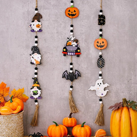 Ghirlanda Perle Legno Halloween Decorazione Appendere Con Nappe Corda Canapa Zucca Fantasma Gnomo Pipistrello Arredamento