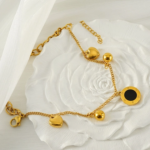 Bracelet Double Couche Pendentif Cœur Acier Inoxydable Plaqué Or 18K Disque Chiffres Romains Bijoux Tendance Femmes