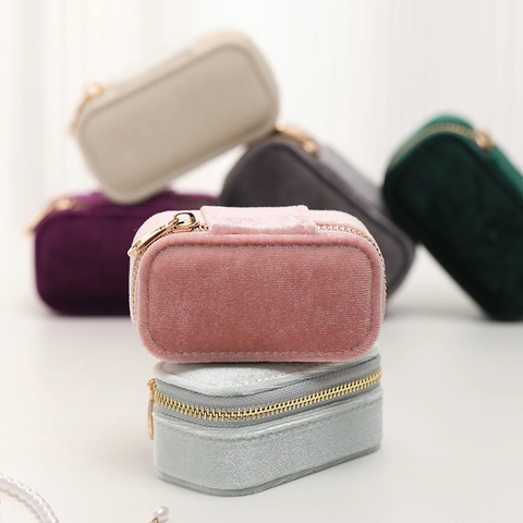 Mini Velvet Jewelry Organizer Box Portable Travel Small Case For Rings Earrings Storage With Zipper Solid Color
