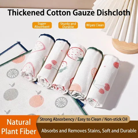 Paño De Limpieza De Cocina De Gasa De Algodón Espesada De Varias Capas Paño De Cocina Absorbente Repelente Al Aceite Borde De Arco Iris Patrón De Frutas