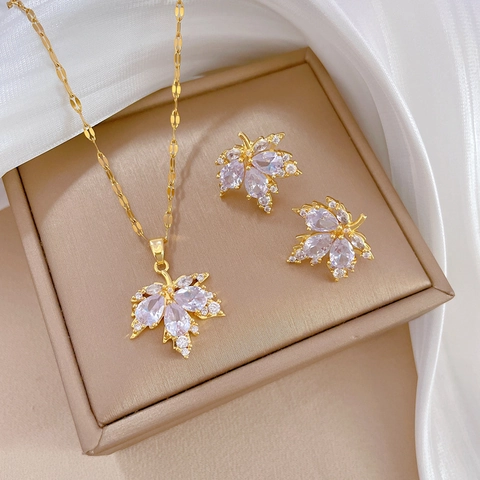 Maple Leaf Zirconia Necklace And Earrings Gold Plated Copper Stainless Steel Chain Silver Earring Post Elegant Women Jewelry
