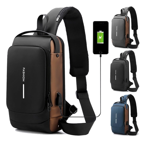 Borsa da Petto Antifurto da Uomo Impermeabile in Tessuto Oxford Tracolla Con Porta USB di Ricarica e Blocco Password