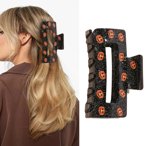 Halloween Haarklammer Kürbismuster Quadratisch Große Acryl Hai Haarklip Glitzer Party Haarschmuck Für Frauen Mädchen