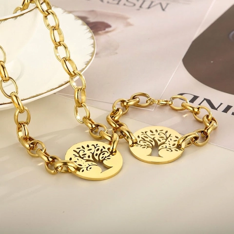 Lebensbaum Halskette Und Armband 304 Edelstahl Hohl Rund Anhänger Klobige Gliederkette Mode Damen Schmuck