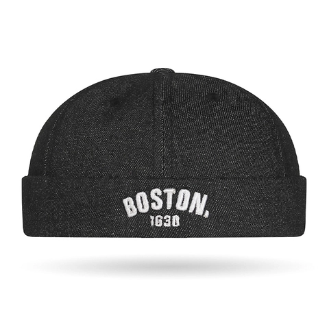 Unisex Retro Denim Cotton Docker Hat With Boston Letter Embroidery Brimless Skull Cap Adjustable Streetwear Miki Hat