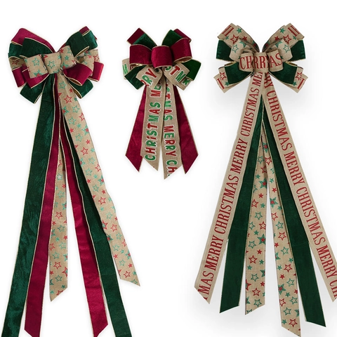 Grande Fiocco Per Puntale Albero Di Natale Velluto Tela Di Sacco Motivo A Stelle Merry Christmas Decorazione