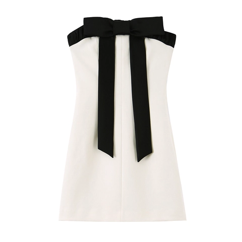 Vestito Mini Senza Spalline Con Grande Fiocco A Contrasto Elegante Poliestere Festa Cocktail Tube Top Donne Nero E Bianco