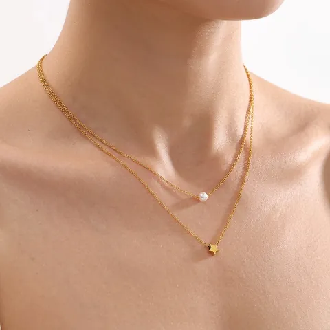 Collar De Varias Capas Con Colgante De Estrella Acero Inoxidable Perla Artificial De Imitación Joyería De Moda Para Mujer Chapado En Oro Minimalista