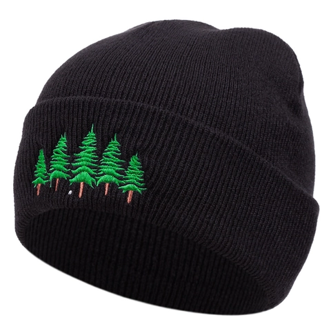 Knitted Beanie Hat Acrylic Pine Tree Embroidery Winter Warm Outdoor Casual Ribbed Cuff Skull Cap For Men Women