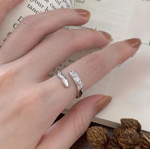 Irregular Lava Texture Ring 925 Sterling Silver Adjustable Open Band With Cubic Zirconia French Retro Minimalist For Women