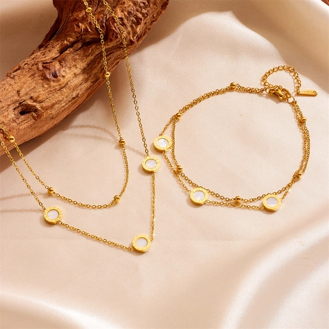 Double Layer Necklace Bracelet Anklet Titanium Steel Gold Plated Roman Numerals Round Shell Pendant Jewelry For Women