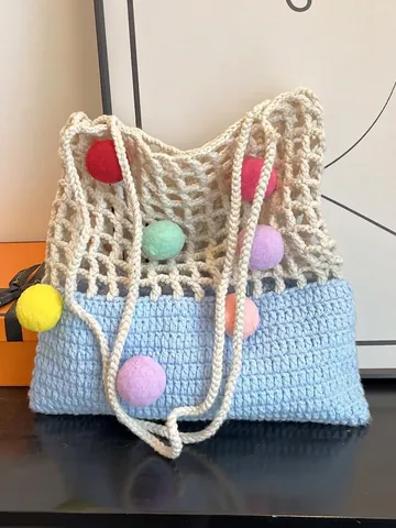 Bolso De Hombro De Ganchillo Para Mujer Hecho A Mano Algodón Malla Hueco Bloque De Color Con Pompones De Colores Vacaciones De Verano