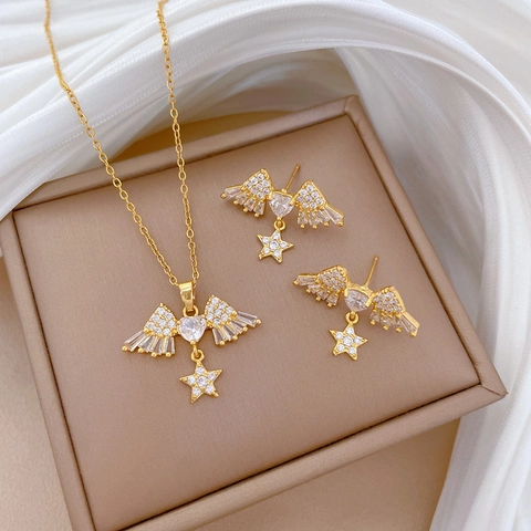Ensemble De Bijoux Ailes D'Ange Cœur Étoile Collier Et Boucles D'Oreilles Avec Chaîne En Acier Titane Zircon