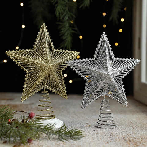 Christmas Tree Topper Star Hollow Glitter Five-Pointed Iron Metal Plastic Ornament With Spiral Base Festival Home Decor