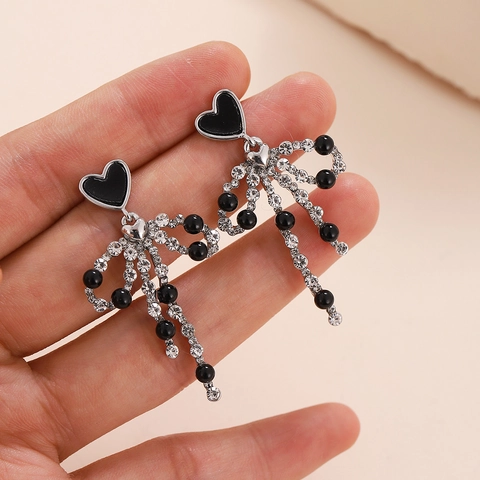 Boucles d'Oreilles Clous Gland Nœud Cœur Noir en Cuivre pour Femmes Boucles d'Oreilles Pendantes Strass Bijoux Mode