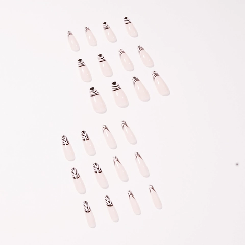 Druck Auf Nägel Schwarz Weiß Zebramuster Französisch Lange Sargform Falsche Nägel Künstlerisch Minimalistisch Elegant Für Frauen