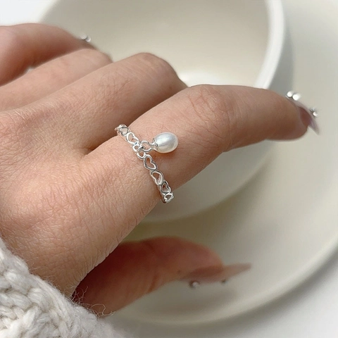 925 Sterlingsilber Hohles Herz Anhänger Süßwasserperle Offener Ring Verstellbar Elegant Minimalistisch Damen Schmuck Geschenk