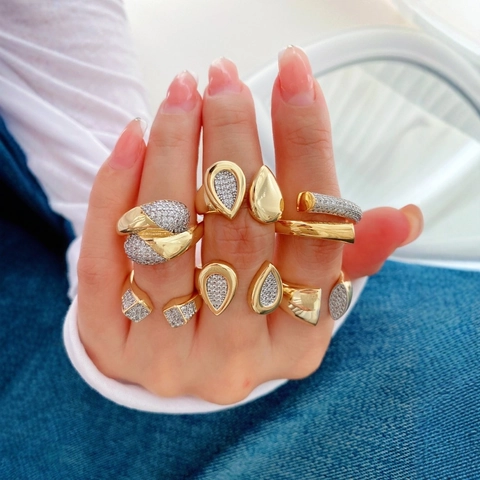 Anillo Aperto Geometrico Cuore Goccia Moda Rame Placcato Oro 18K Zirconia Cubica Regolabile Gioielli Per Donna