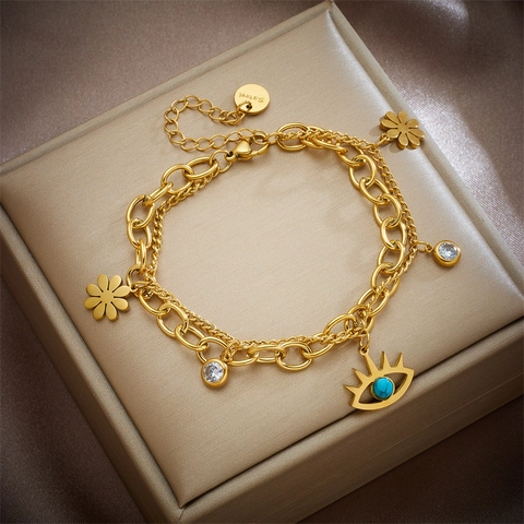 Layered Stainless Steel Bracelet With Roman Numeral Disc Pendants Shell Inlay Zircon Charm Vintage Gold Plated Women Jewelry