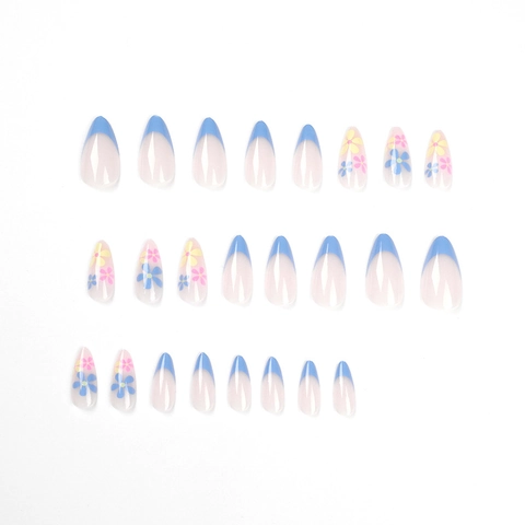 Blauwe Franse Tip Amandel Druk Op Nagels Met Kleurrijke Bloemenpatronen Lange Kunstnagels Voor Vrouwen Zomerstijl