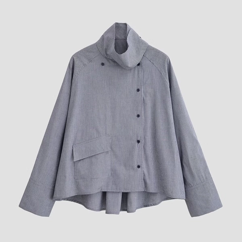 Women Long Sleeve Plaid Blouse Polyester Stand Collar Asymmetric Button Loose Casual Shirt With Side Pocket Curved Hem Fashion