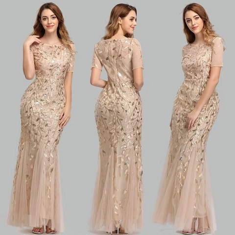 Sequined Evening Dress Women Leaf Pattern Mesh Mermaid Gown Short Sleeve Slim Fit Formal Party Banquet Wedding Prom