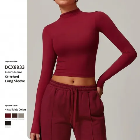 Womens Mock Neck Long Sleeve Yoga Top Nylon Spandex Tight Fit Quick Dry Sports Shirt With Thumbholes Solid Color Active