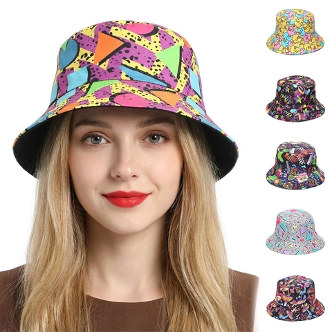 Cappello Da Pescatore Stampato Doppia Faccia Protezione Solare Outdoor Retro Graffiti Fungo Anatra Acrilico Unisex