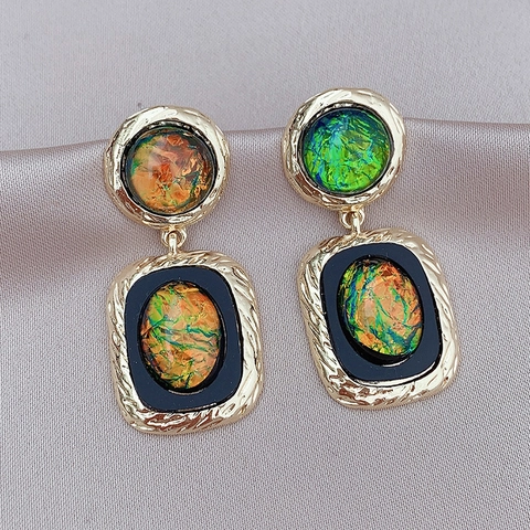 Boucles Oreilles Pendantes Géométriques Vintage Alliage Résine Irisante Avec Tige Argent Sterling 925 Style Artistique Femmes